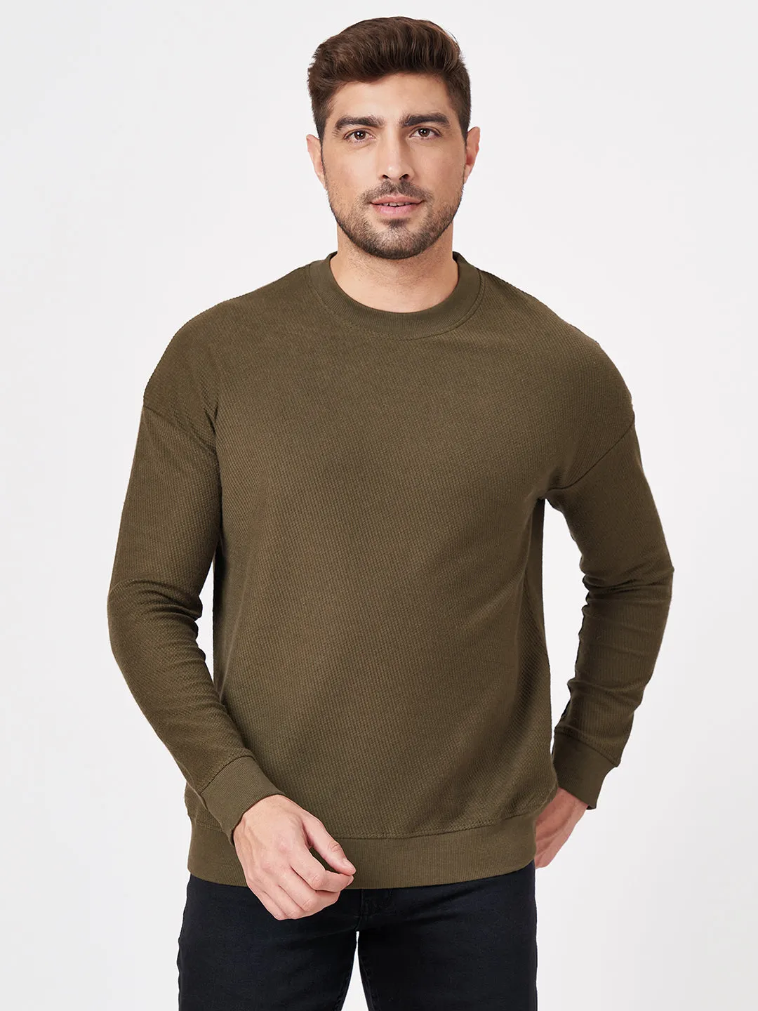 100% Cotton Waffle Knit Full Sleeve Round Neck Sweatshirt