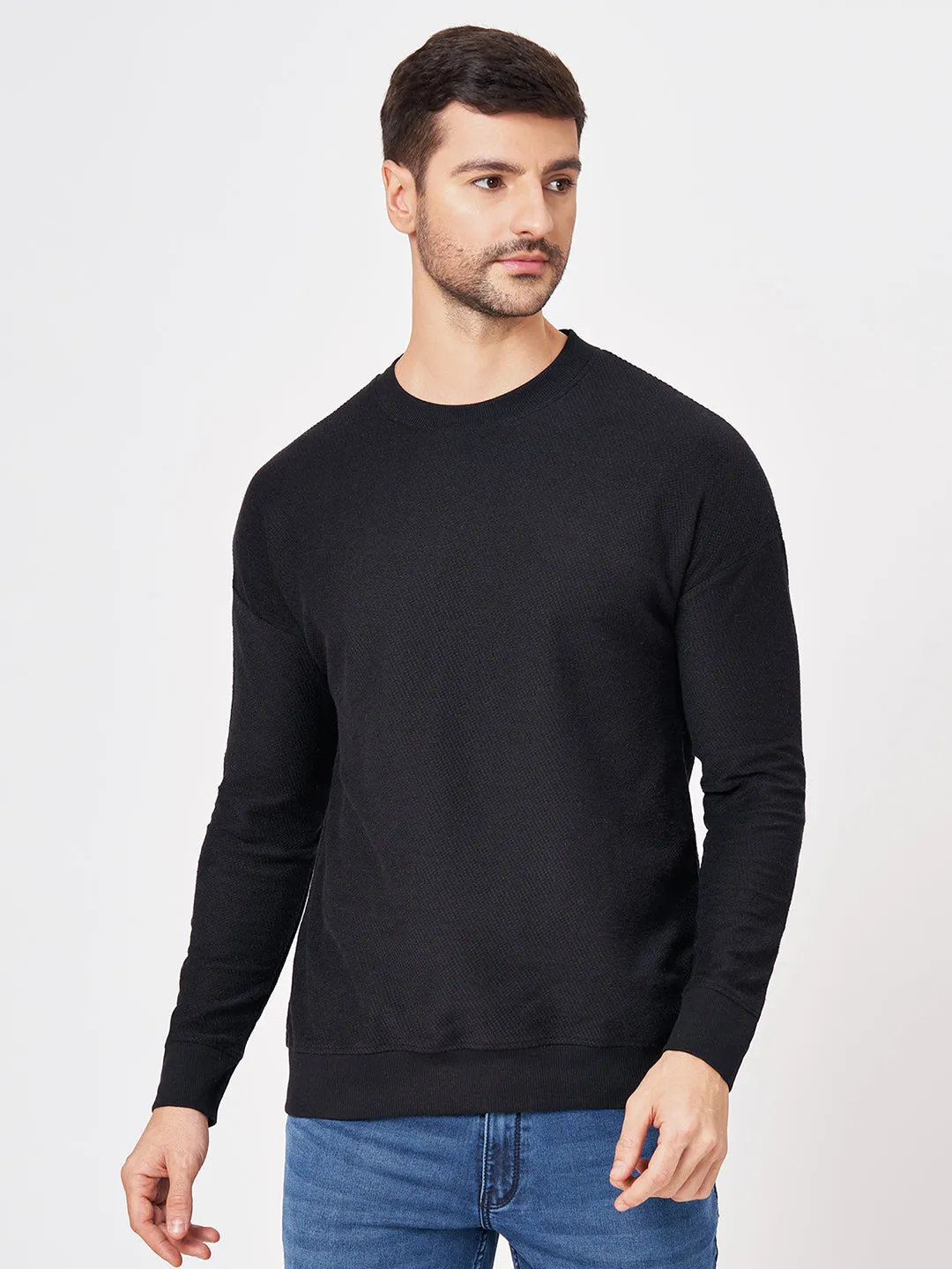 100% Cotton Waffle Knit Full Sleeve Round Neck Sweatshirt