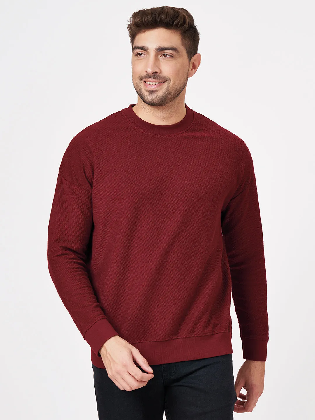 100% Cotton Waffle Knit Full Sleeve Round Neck Sweatshirt