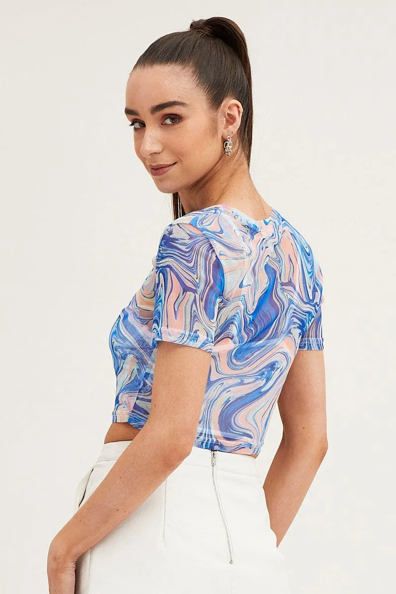 Abstract Print Mesh Short Sleeve Crop Top