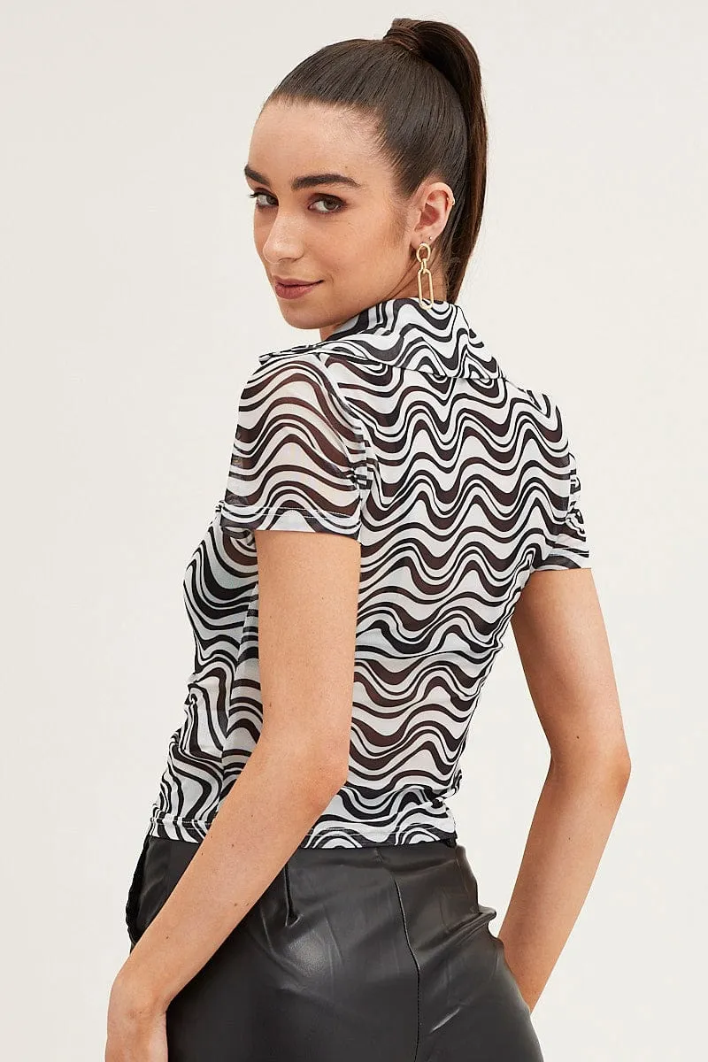 Abstract Print Shirt Short Sleeve Mesh