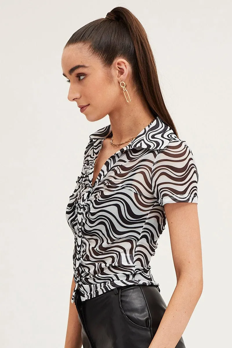 Abstract Print Shirt Short Sleeve Mesh