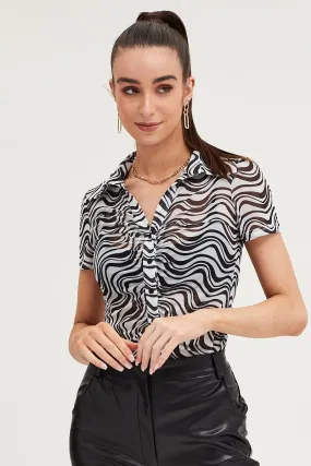 Abstract Print Shirt Short Sleeve Mesh