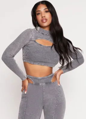 Acid Wash Keyhole Long Sleeve Crop Top - Stylish Vintage-Inspired Tee with Elegant Cutout Design