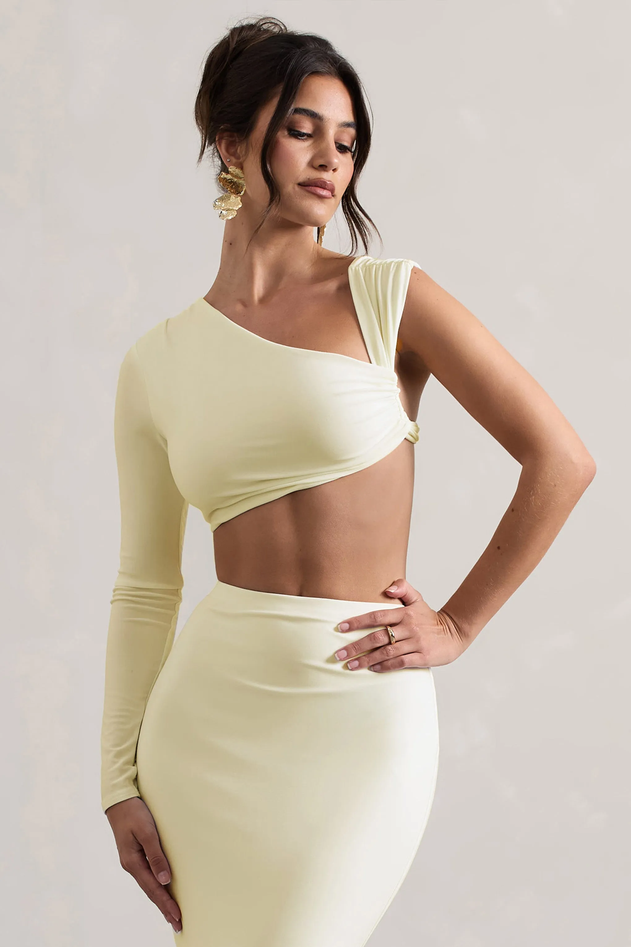 Agalia | Cream Ruched Asymmetric One-Sleeve Crop Top