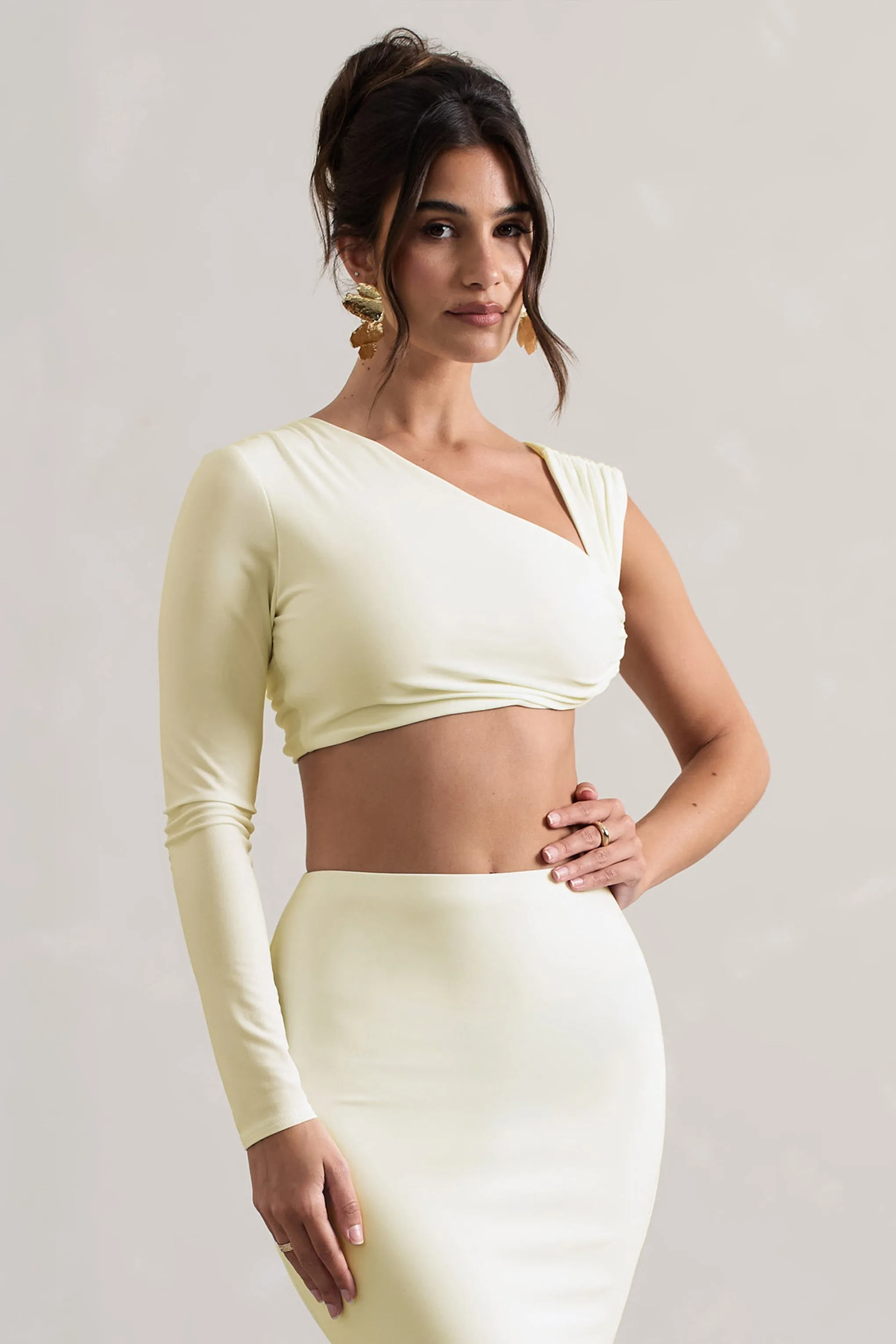 Agalia | Cream Ruched Asymmetric One-Sleeve Crop Top