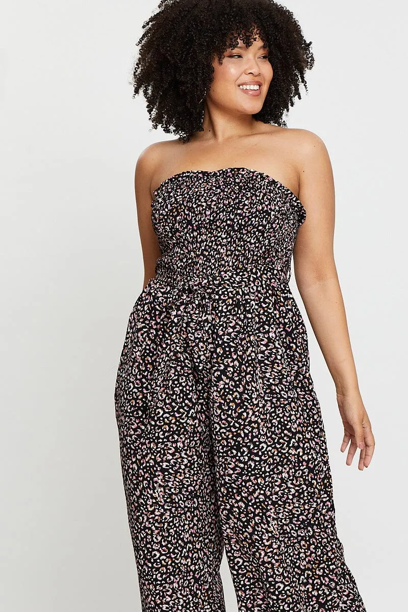 Animal Print Jumpsuit Strapless Waist Tie