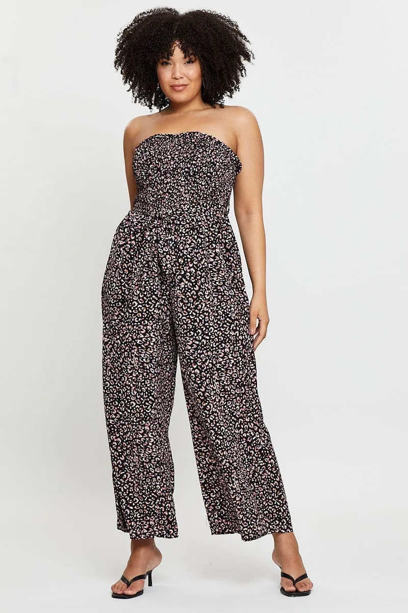 Animal Print Jumpsuit Strapless Waist Tie