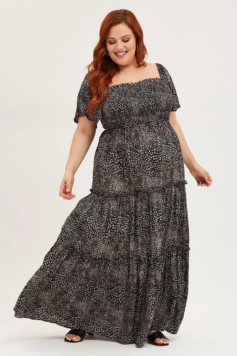 Animal Print Maxi Dress Square Neck Short Sleeve