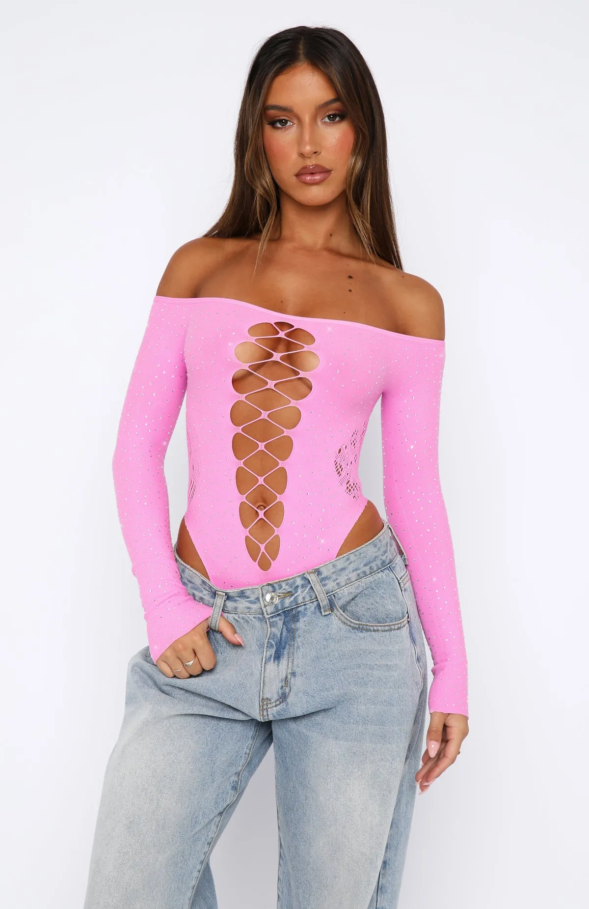 Atmosphere Embellished Long Sleeve Bodysuit Candy Pink