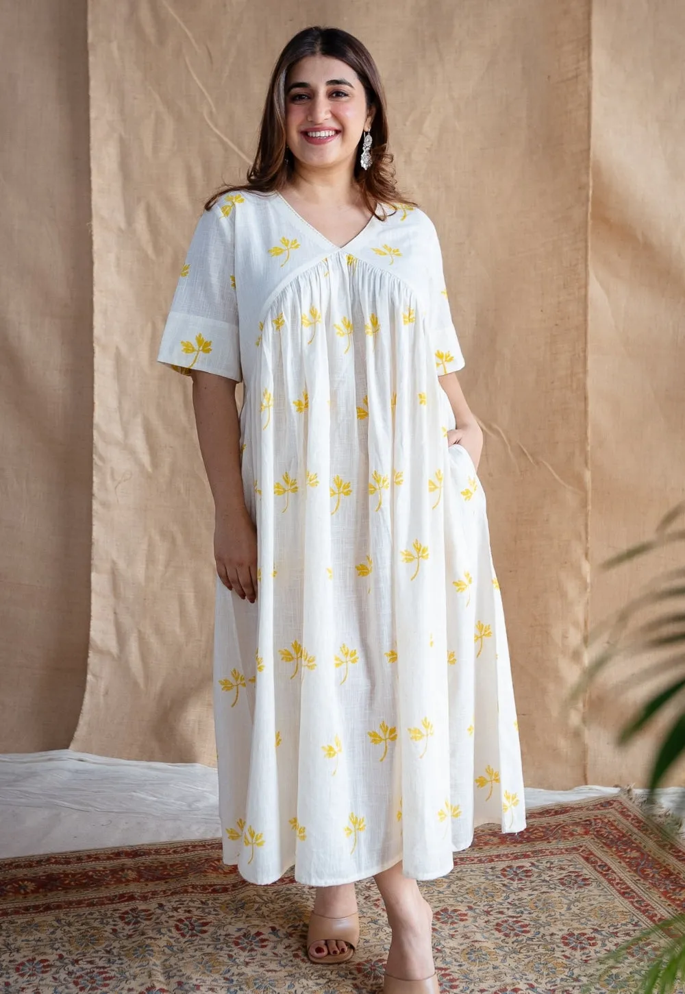 Azlin Dabu Slub Cotton Hand Embroidered Dress