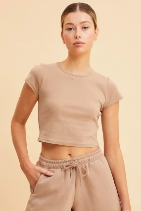 Beige Baby Tee Crop Crew Neck Short Sleeve Rib