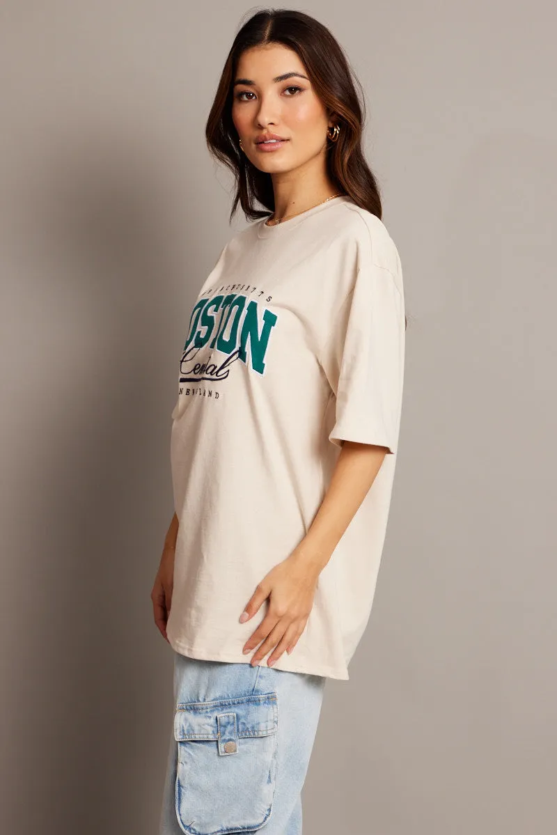 Beige Graphic Tee Short Sleeve Oversized