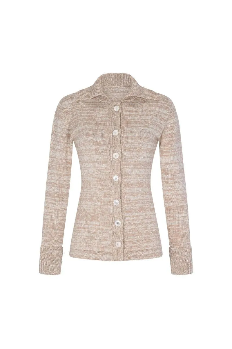 BEIGE MELANGE BUTTON-UP KNIT TOP