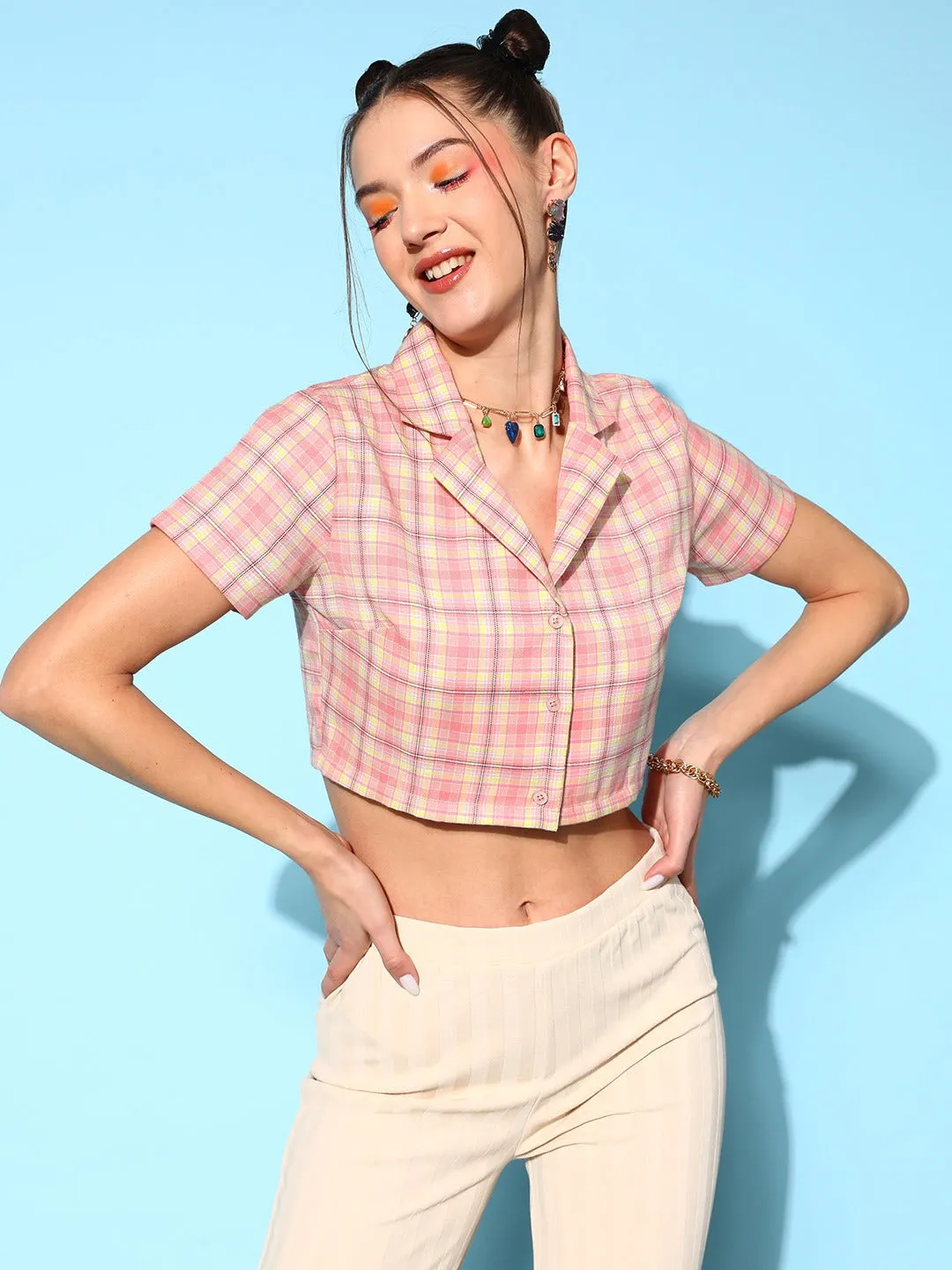 Berrylush Women Pink & White Gingham Checked Pattern Spread Collar Neck Button-Up Straight Hem Cropped Shirt