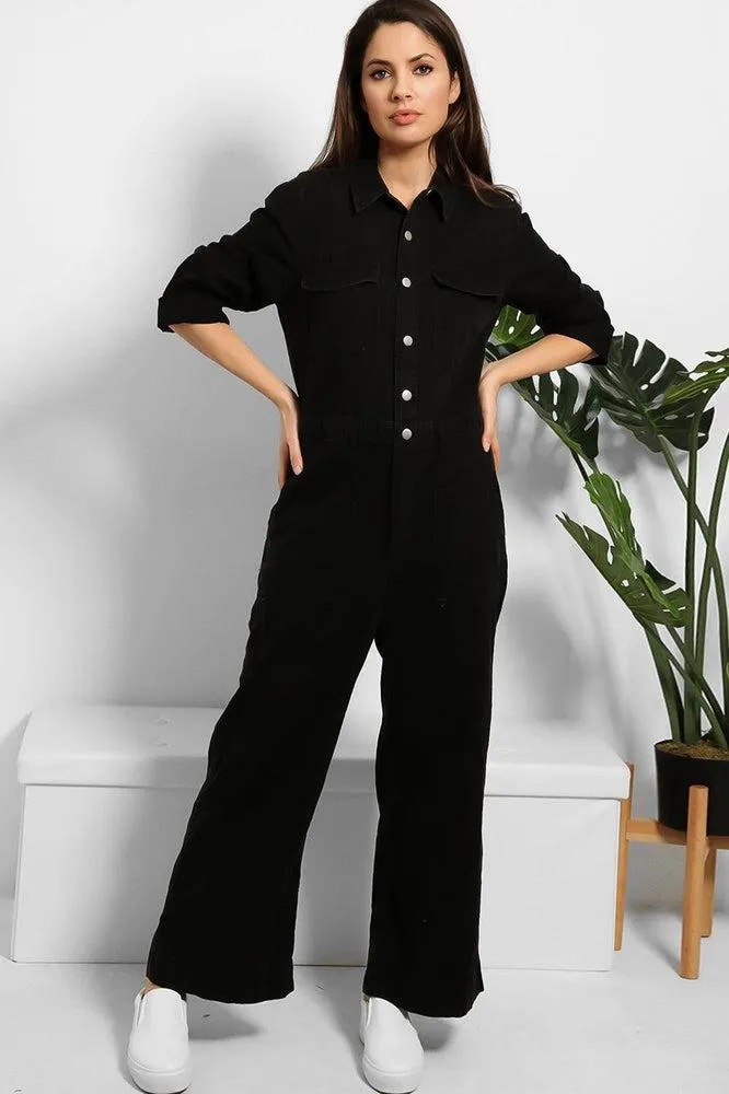 Black Denim Wide Leg Jumpsuit