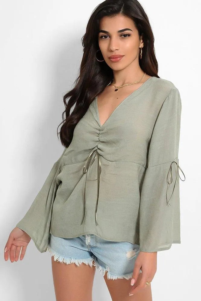 Bleached Khaki Drawstring Details Bell Sleeves Top