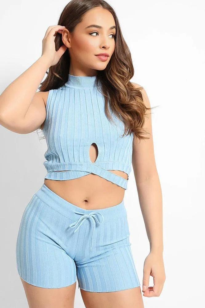 Blue Half Cross Wrap Knitted Crop Top And Shorts Lounge Set