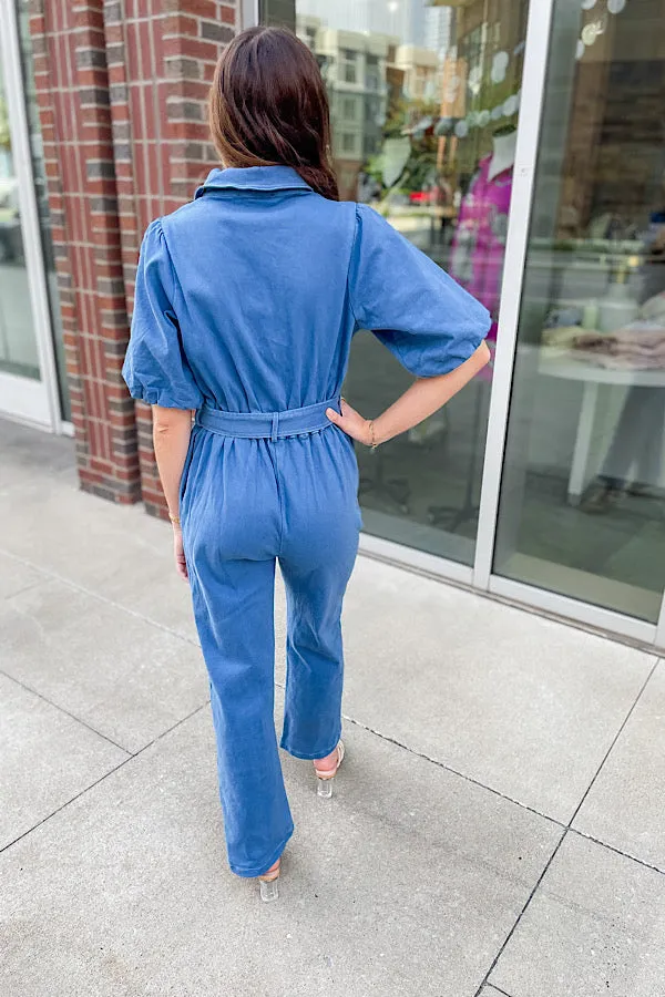 Blue Twill Belted Jumpsuit