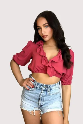 Burgundy Frilled Deep Plunge Crop Top