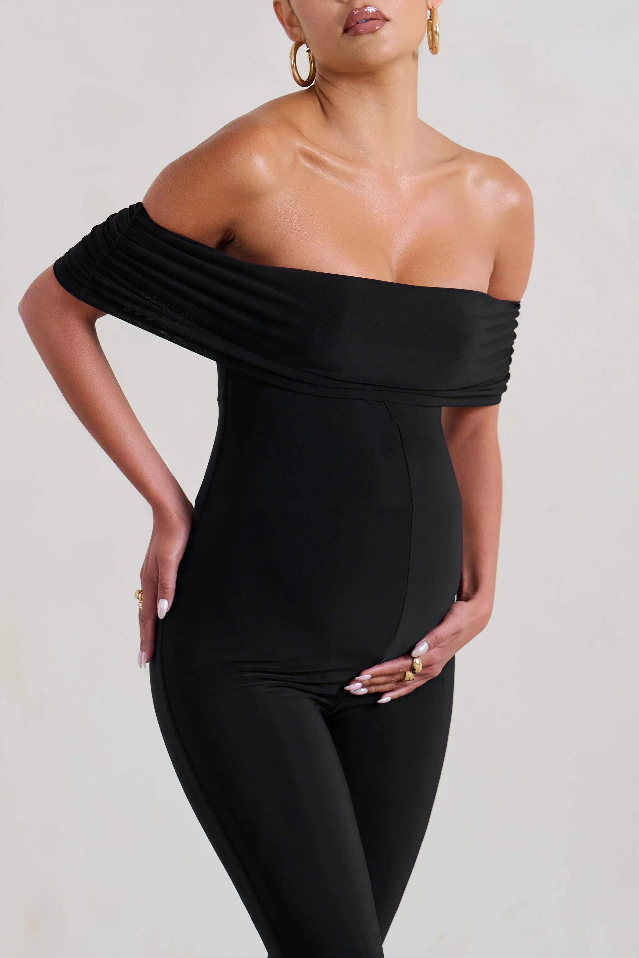 Black Fitted Maternity Jumpsuit with Bardot Neckline