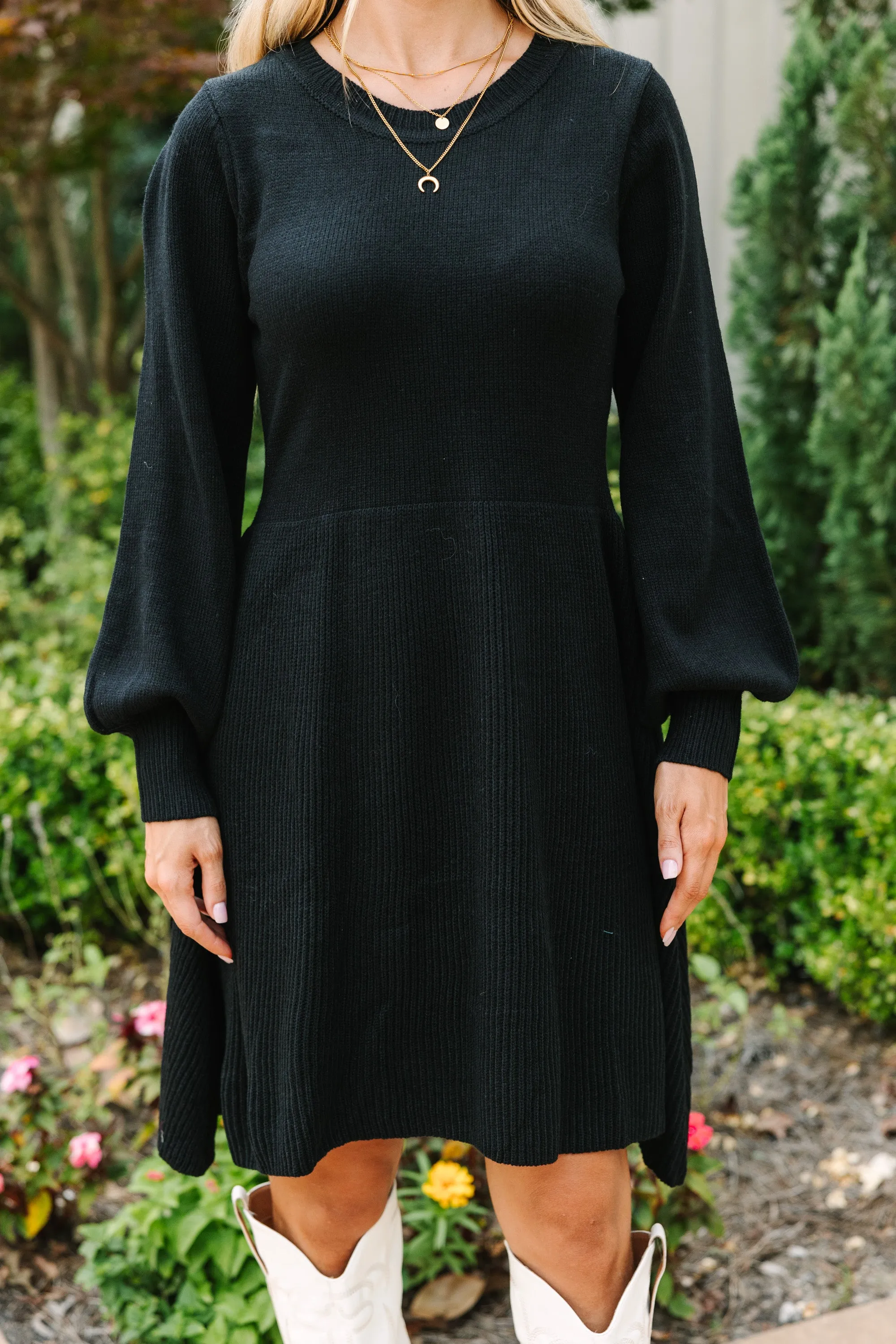 Catch Yourself Black Bubble Sleeve Sweater Dress