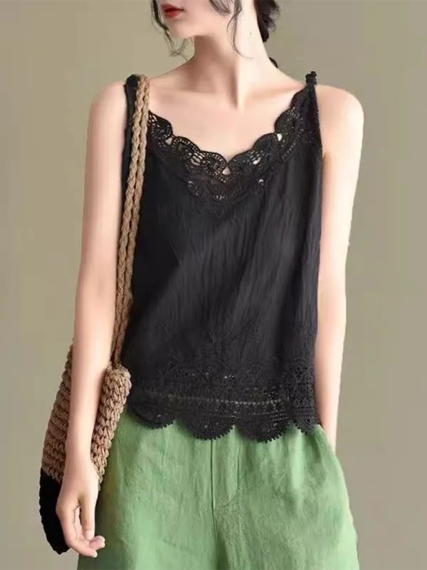 Cotton and Linen Vest Women's Retro Outerwear Suspenders Embroidered Lace Hollow Top