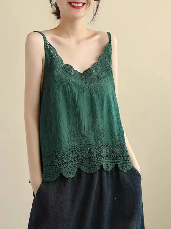 Cotton and Linen Vest Women's Retro Outerwear Suspenders Embroidered Lace Hollow Top