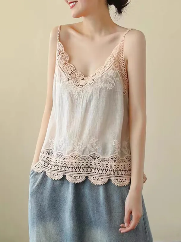 Cotton and Linen Vest Women's Retro Outerwear Suspenders Embroidered Lace Hollow Top