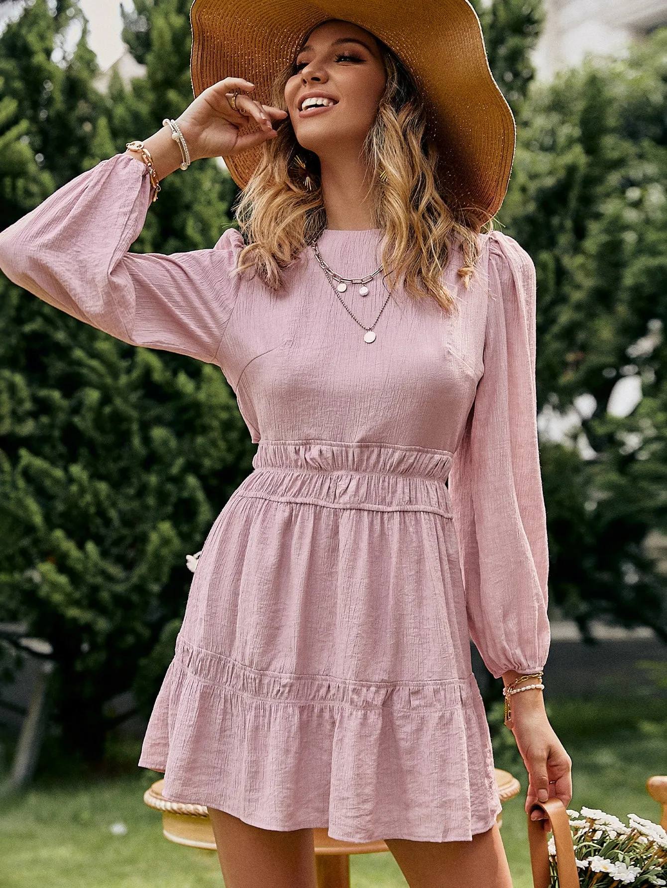 Cutout Tie-Back Puff Sleeve Mini Dress