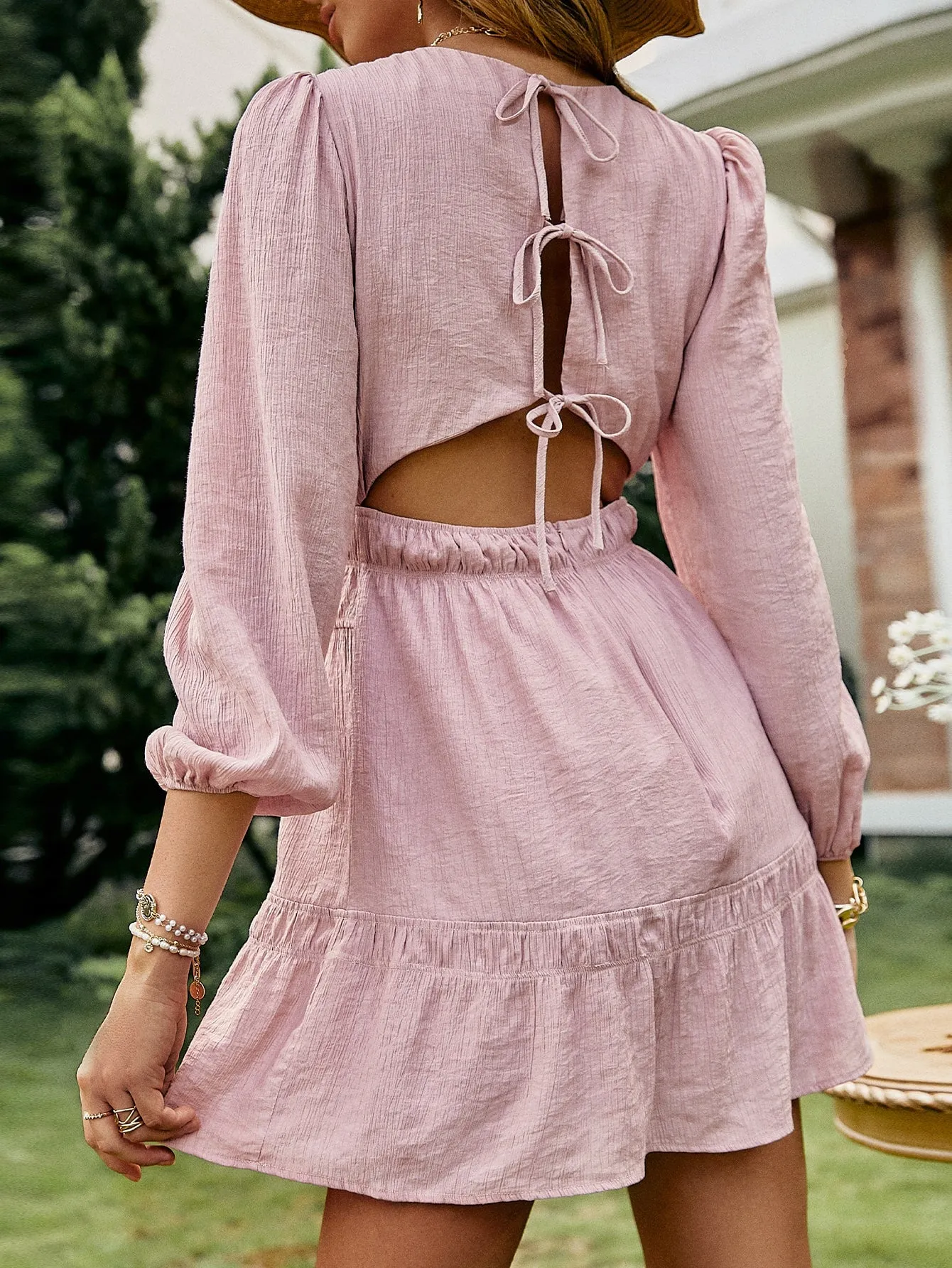 Cutout Tie-Back Puff Sleeve Mini Dress