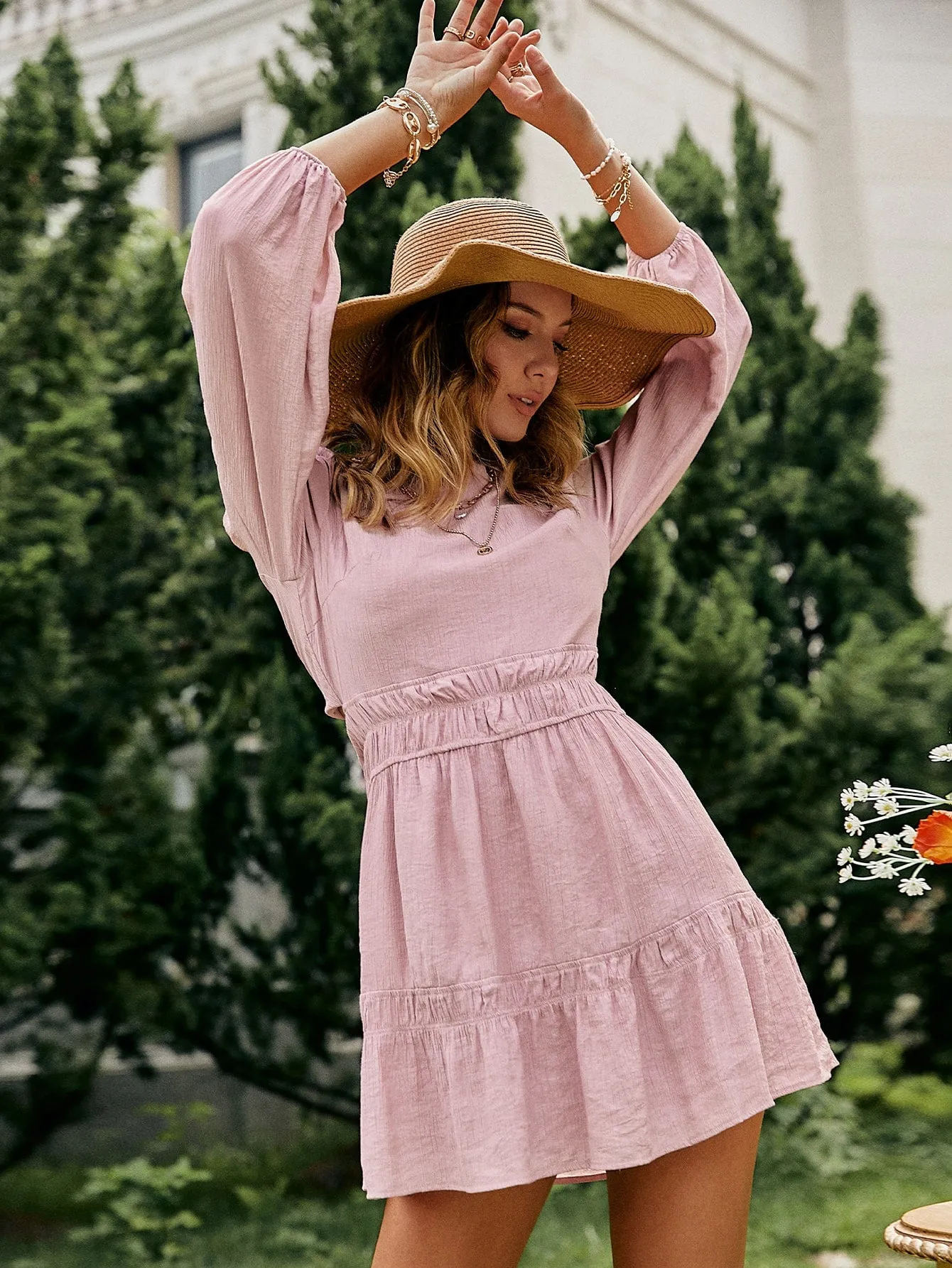 Cutout Tie-Back Puff Sleeve Mini Dress