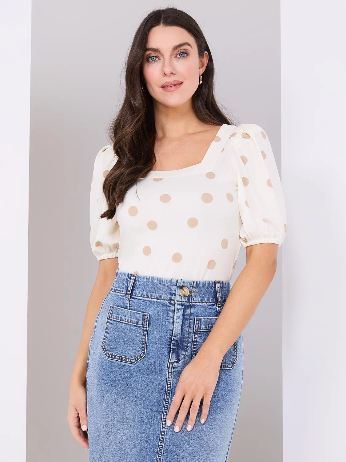 Dot Print Puff Sleeve Square Neck Top