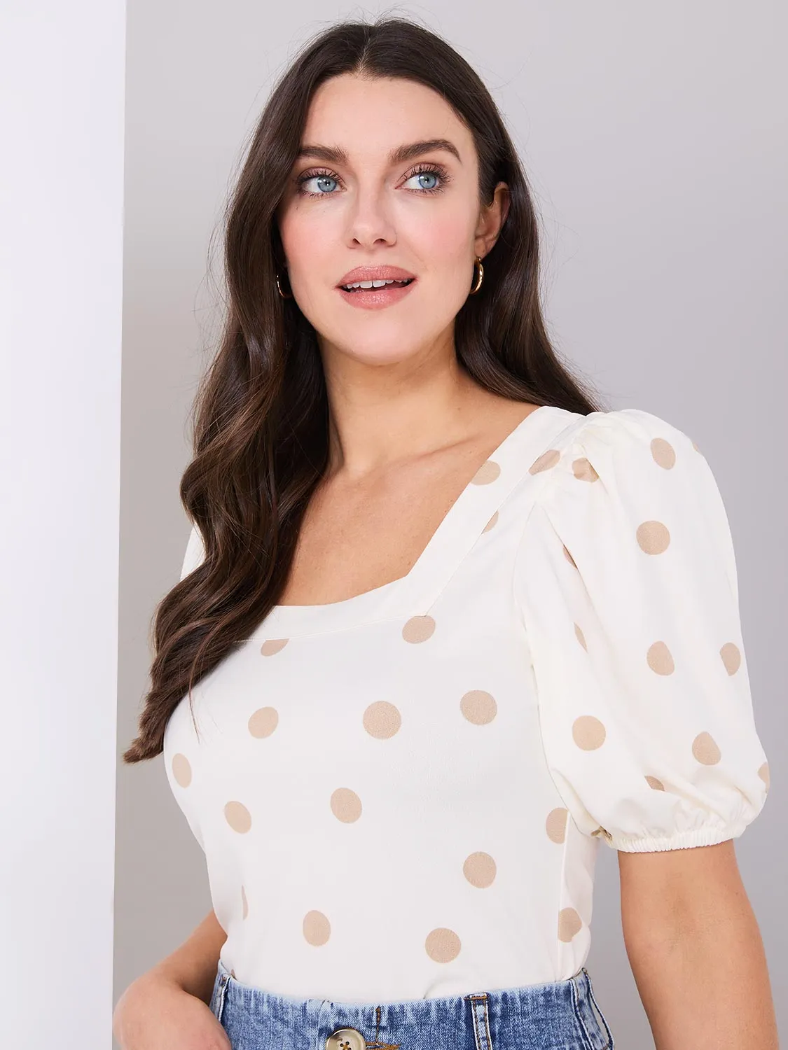 Dot Print Puff Sleeve Square Neck Top