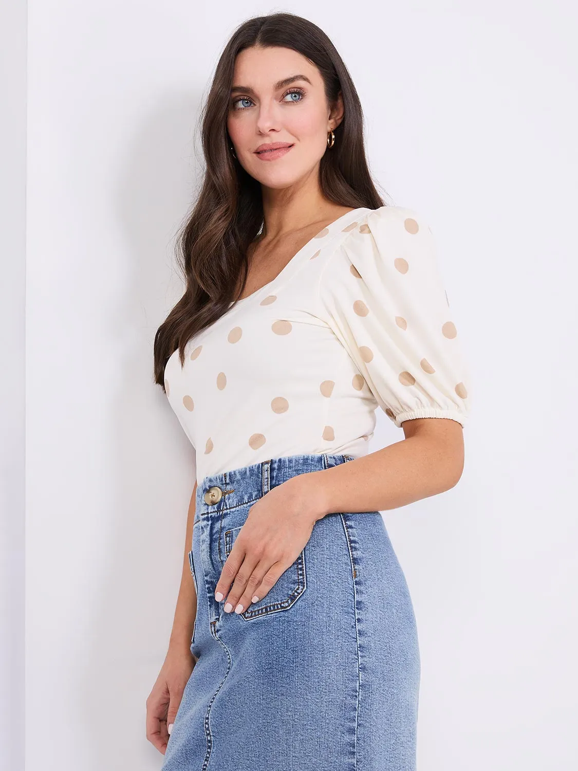 Dot Print Puff Sleeve Square Neck Top