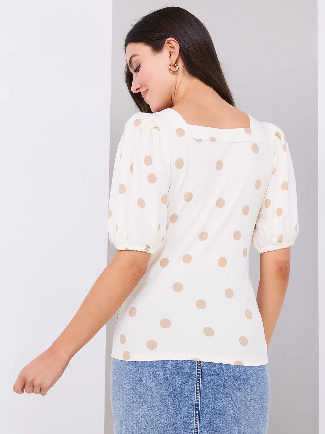 Dot Print Puff Sleeve Square Neck Top