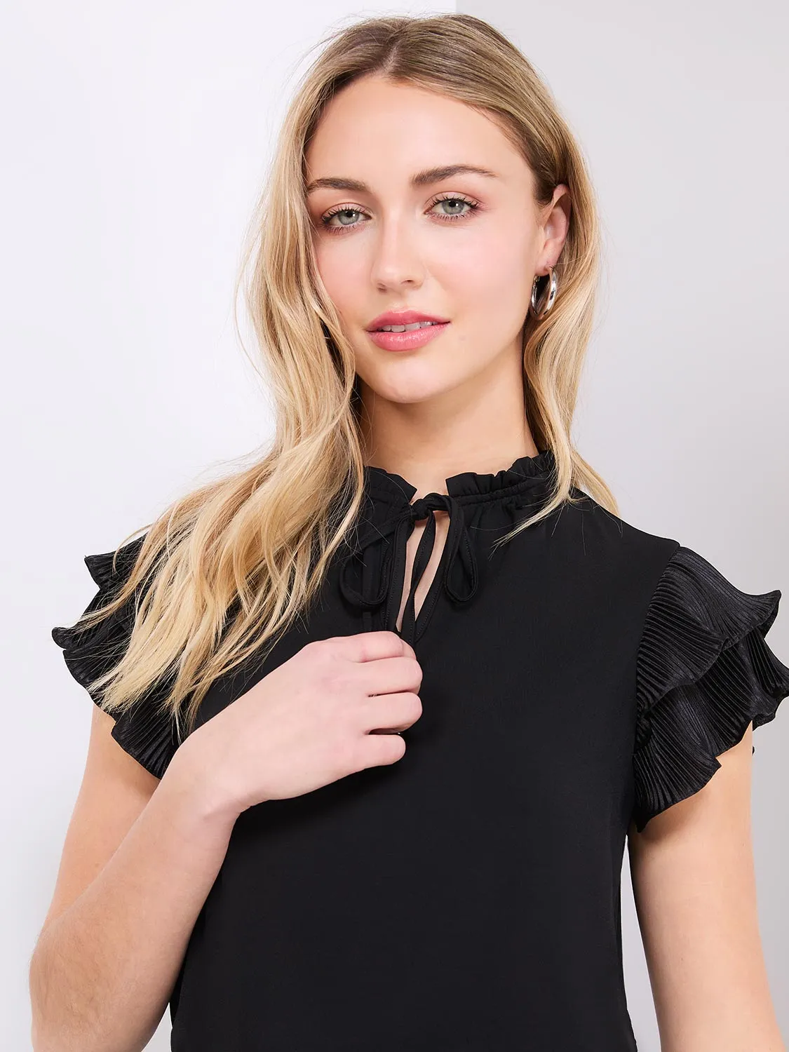 Double Ruffle Sleeve Top With Front Keyhole