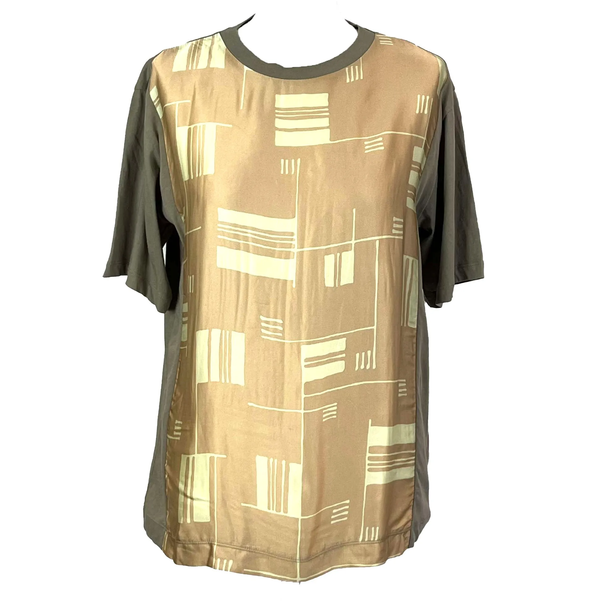 Dries Van Noten Brand New Taupe & Peach Silk Print Tee Shirt XS