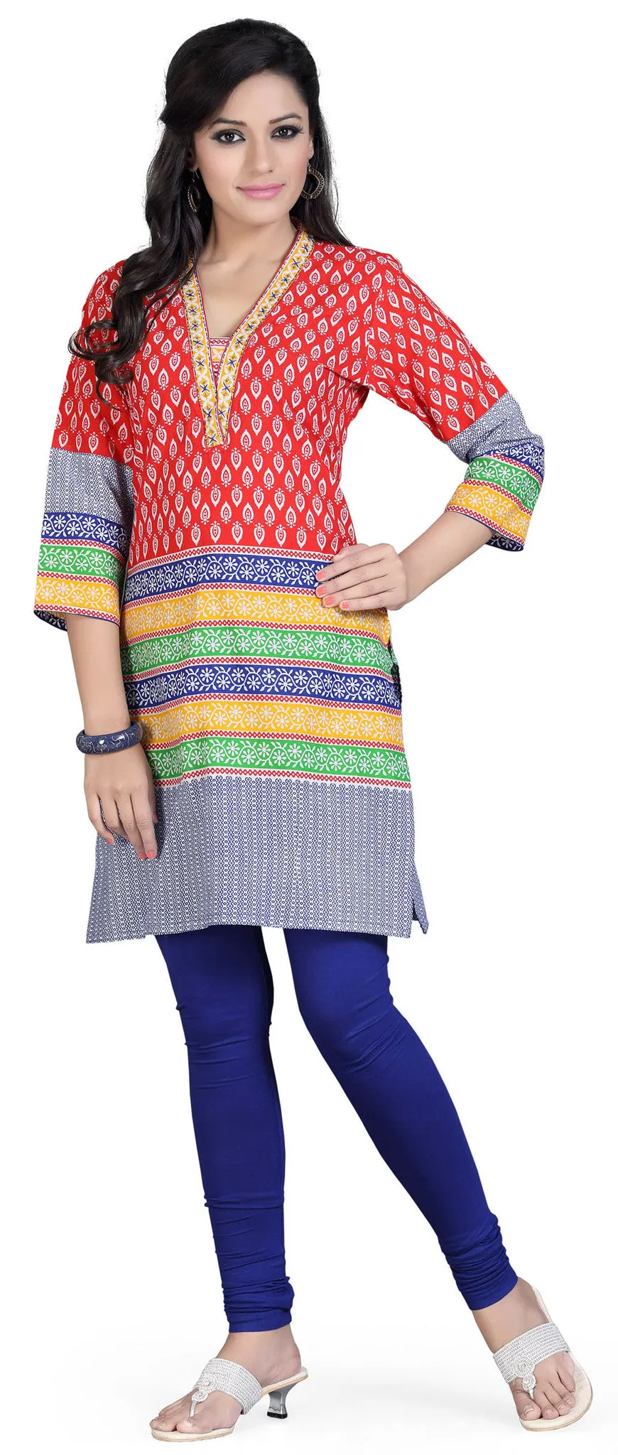 Embroidered Cotton Kurti Top Long Tunic Womens India Clothing (Red)