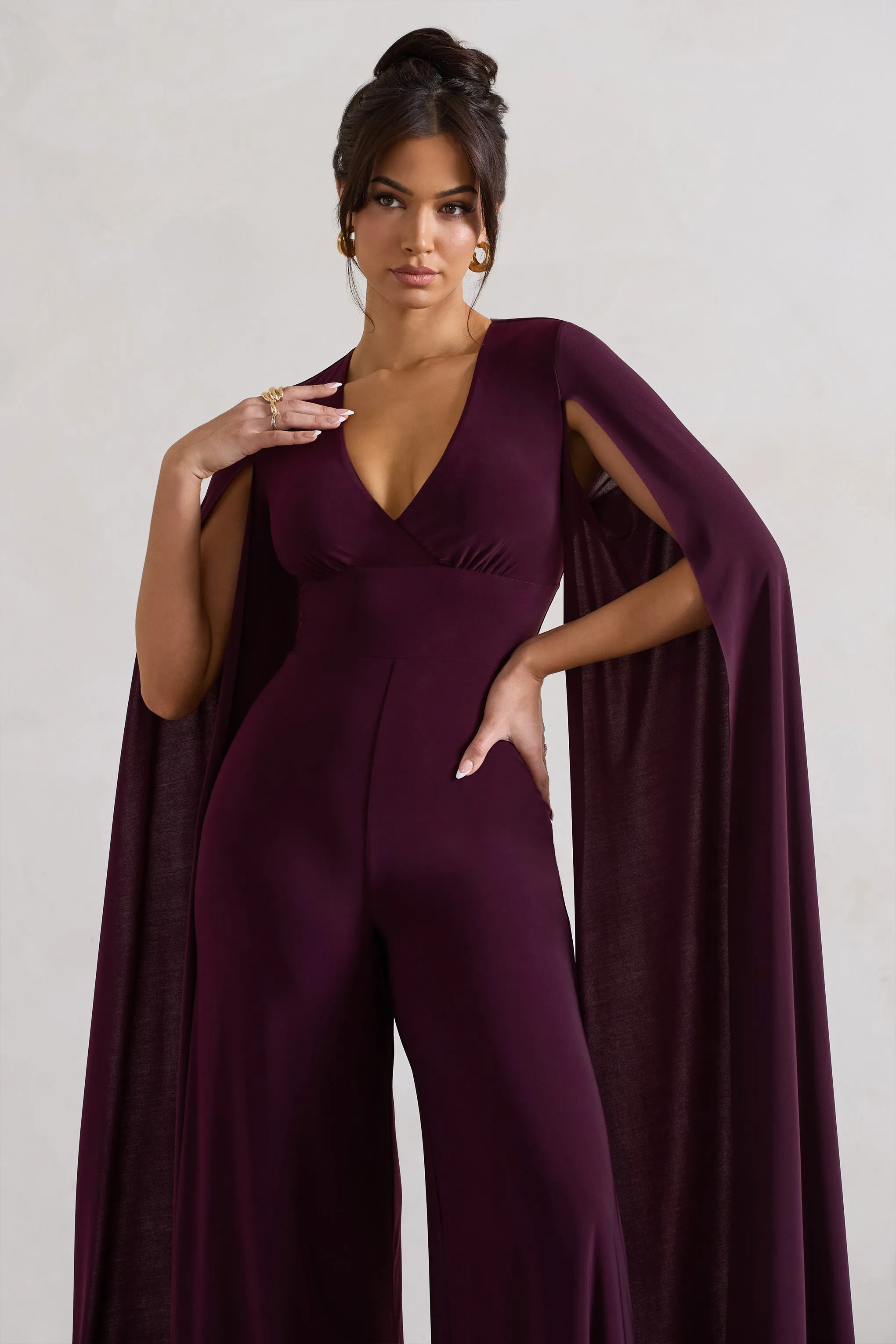 Emmanuela | Plum Plunge-Neck Wide-Leg Jumpsuit With Cape Sleeves