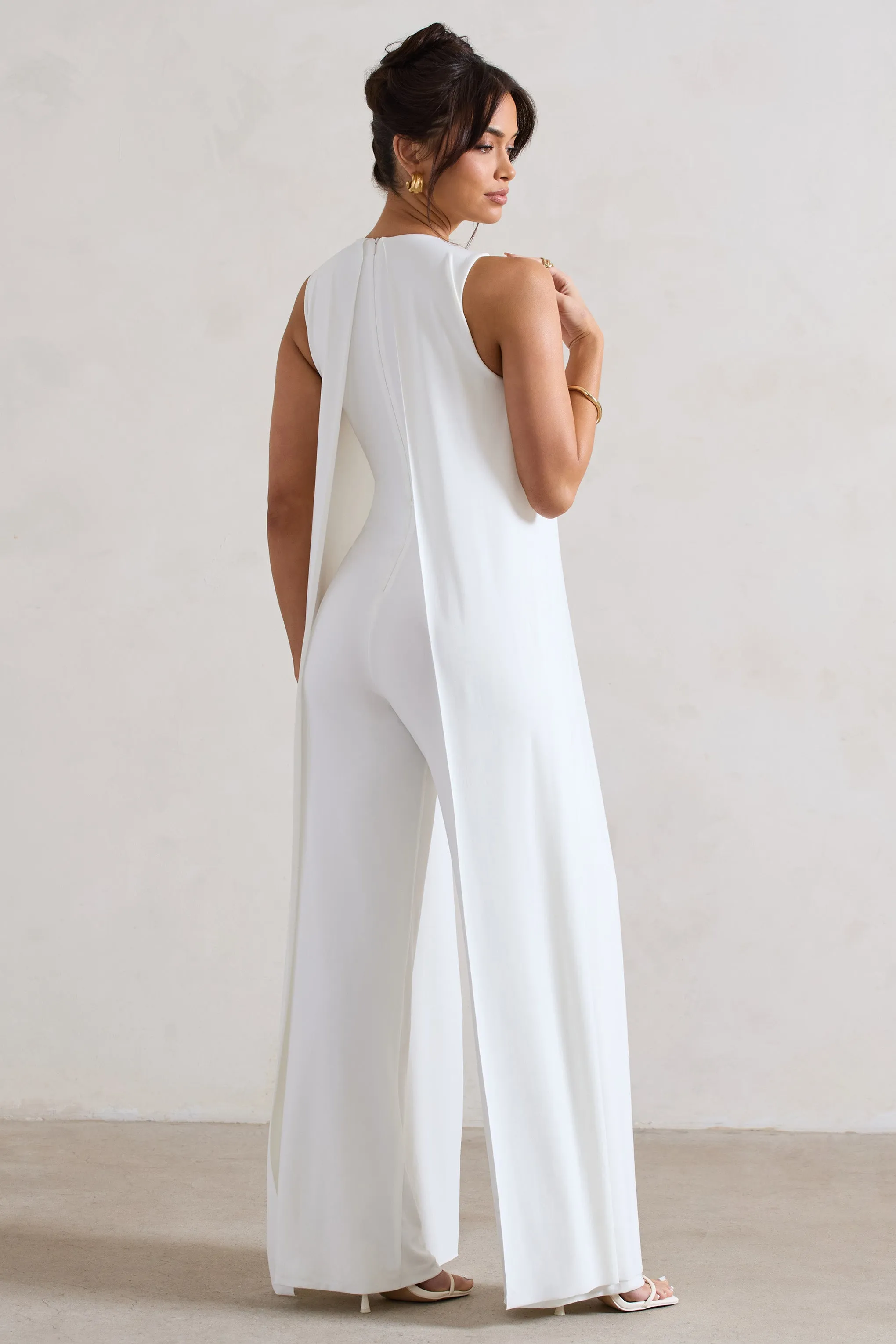 Essence | White High-Neck Wide-Leg Jumpsuit With Cape