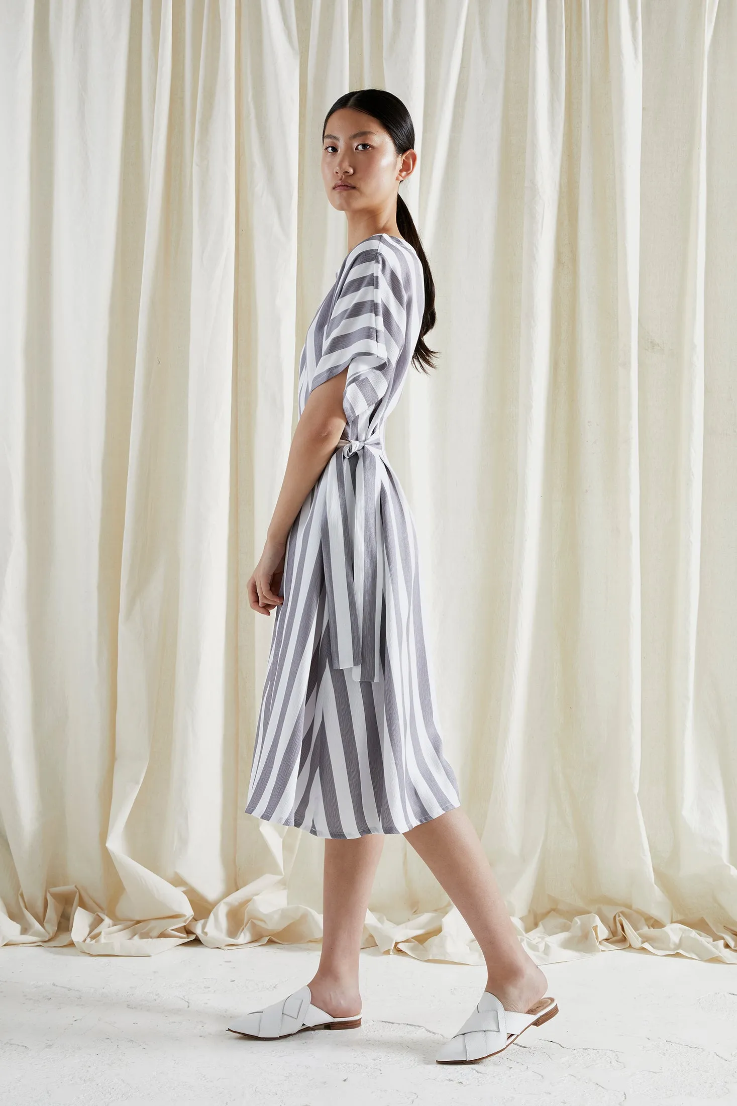 EVE DRESS ~ CONVERTIBLE ~ NEUTRAL [ Grey & White Striped, Waist Ties ]