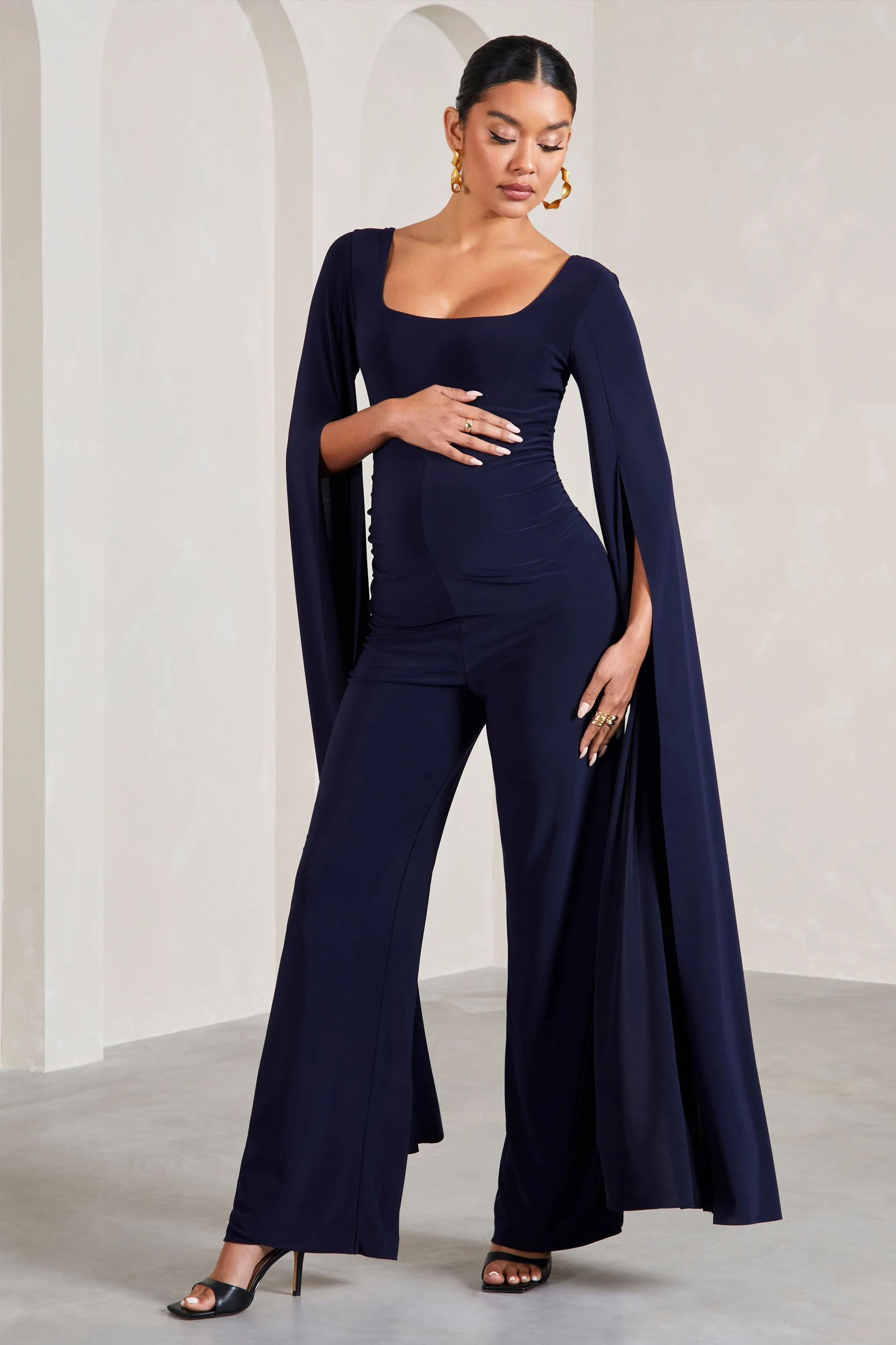 Elegant Navy Maternity Jumpsuit with Square Neck and Cape Sleeves