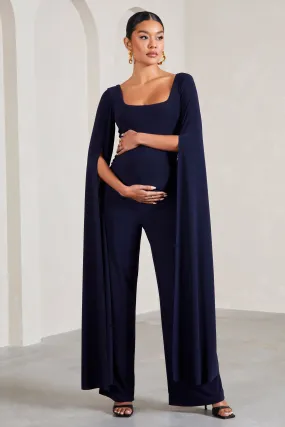 Elegant Navy Maternity Jumpsuit with Square Neck and Cape Sleeves