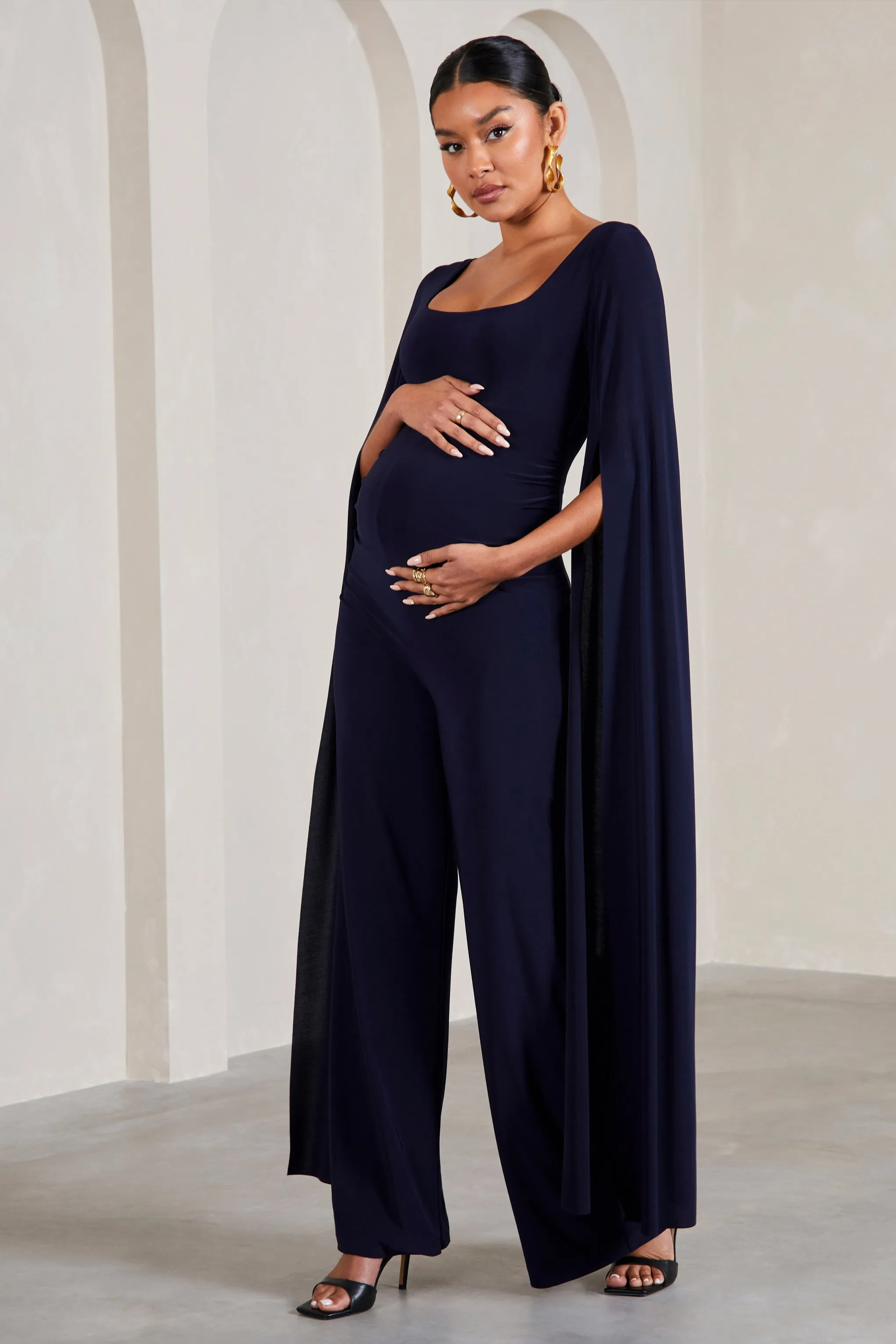 Elegant Navy Maternity Jumpsuit with Square Neck and Cape Sleeves