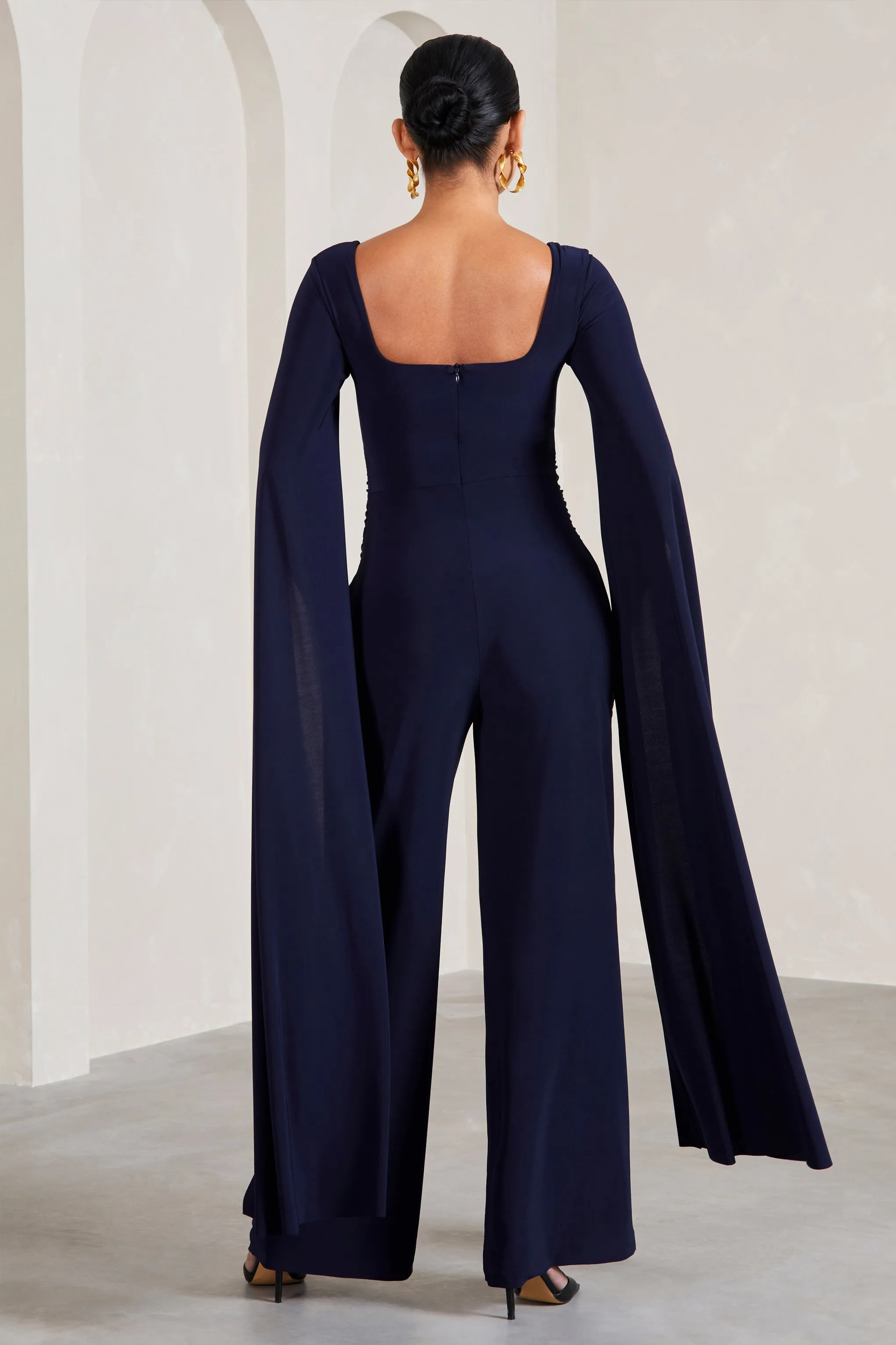 Elegant Navy Maternity Jumpsuit with Square Neck and Cape Sleeves