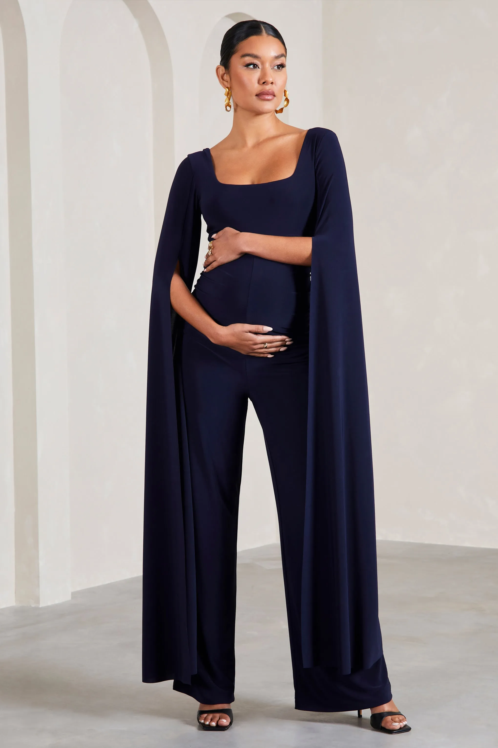 Elegant Navy Maternity Jumpsuit with Square Neck and Cape Sleeves