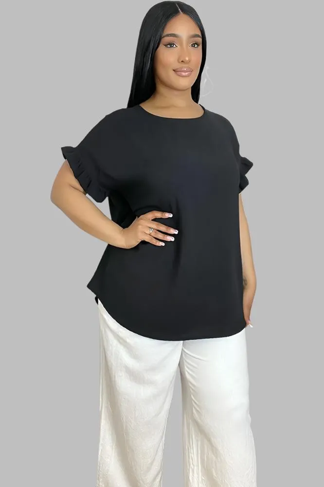 Frill Trim Short Sleeves Summer Blouse