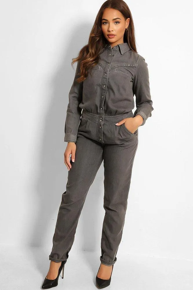 Grey Studded Fine Denim Dungaree Jumpsuit