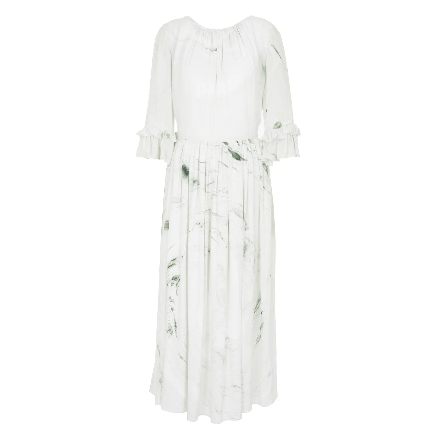 Hand Marbled Silk Gather Dress - White & Green